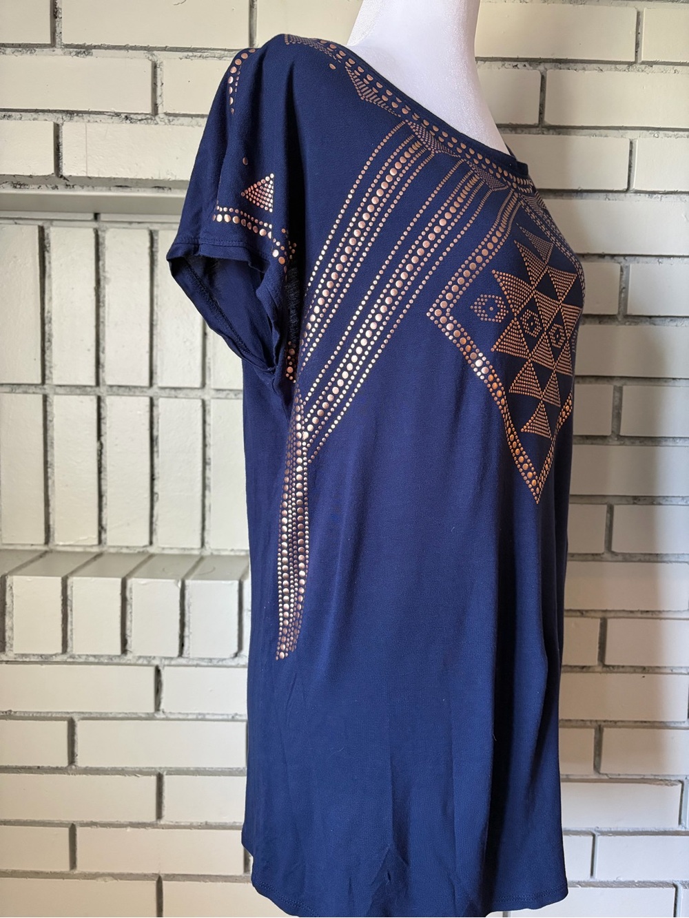Navy Metallic Stud Geometric Short Sleeve Top - Picture 3 of 5